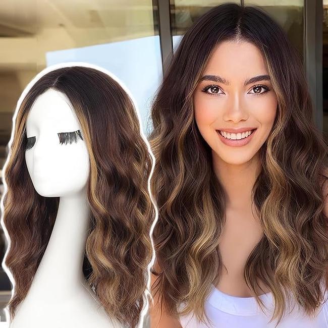 AISI HAIR Highlights Brown Wig for Women Medium Length Wave Curly Glueless Synthetic Heat Resistant Hair Wigs